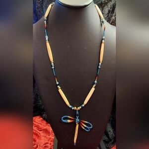 Carved Bone Beaded Necklace With A Bright Seed Beads Dragonfly Pendant